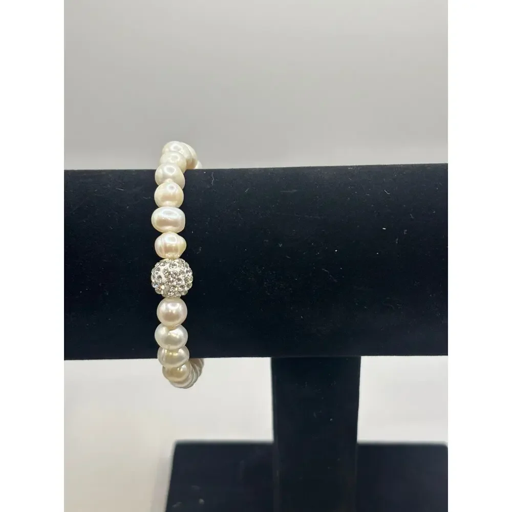Macys Cultured Freshwater Pearl (7mm) Crystal Bracelet & Earring Set New in Box